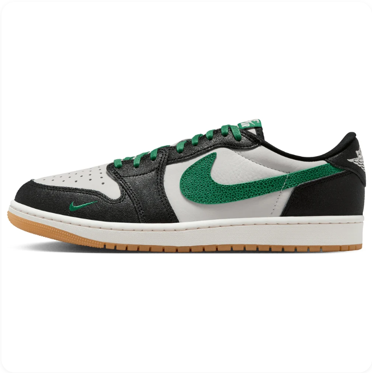 Air Jordan 1 Low-Top Sneakers – Black, Light Gray & Green with Gum Sole