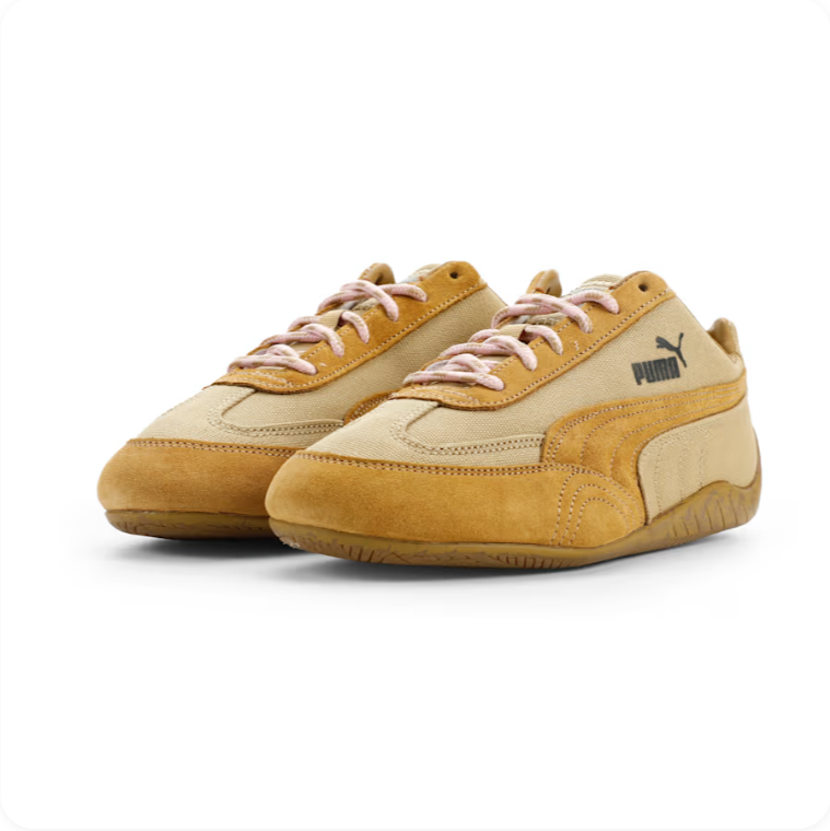 PUMA Retro Low-Profile Sneakers – Beige & Golden Tan with Pink Laces